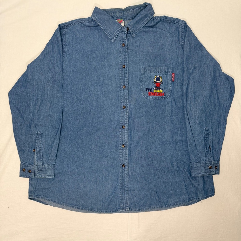 Vintage Peanuts Blue Denim Shirt Womens 22/24W I've Had Enough Long Sleeve Top